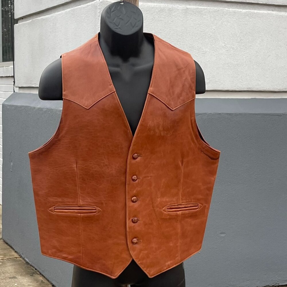 Men's Vintage Size 46 Tony Lama Brown Leather Button-Down Lined Vest